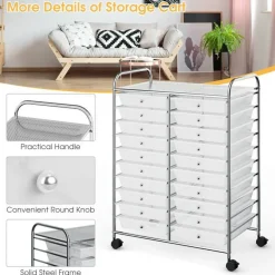 10-Tier Rolling Storage Cart with 20 Drawers, Mobile Organizer with Transparent Plastic Bins, Steel Frame, 4 Wheels