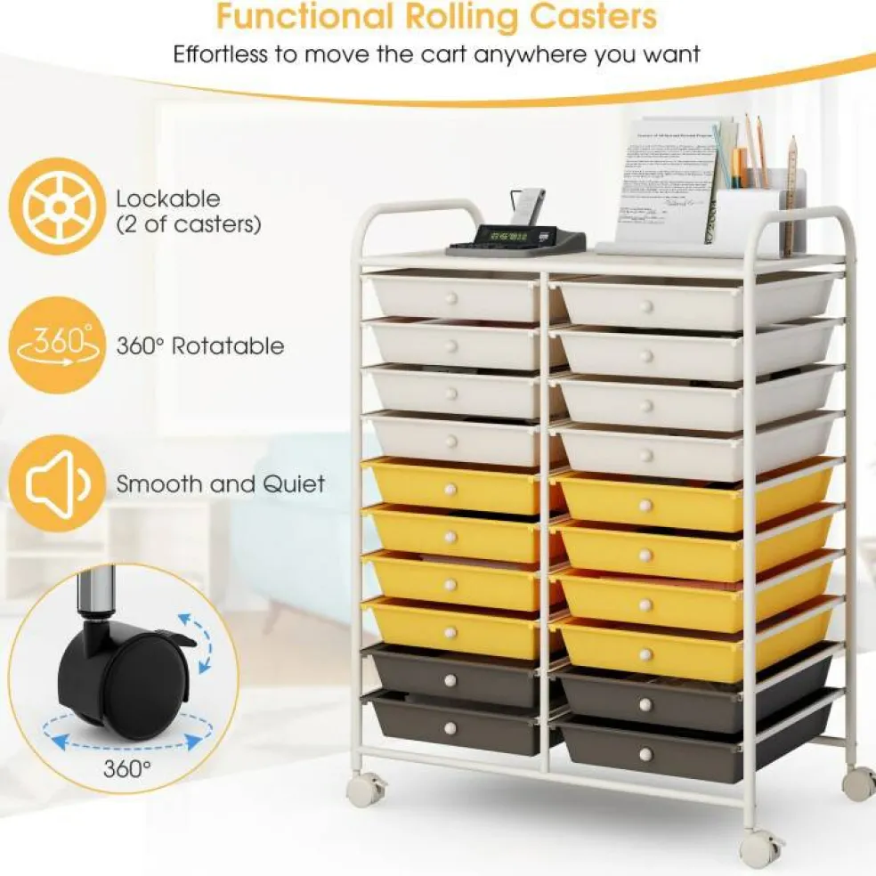 10-Tier Rolling Storage Cart with 20 Drawers, Mobile Organizer with Transparent Plastic Bins, Steel Frame, 4 Wheels