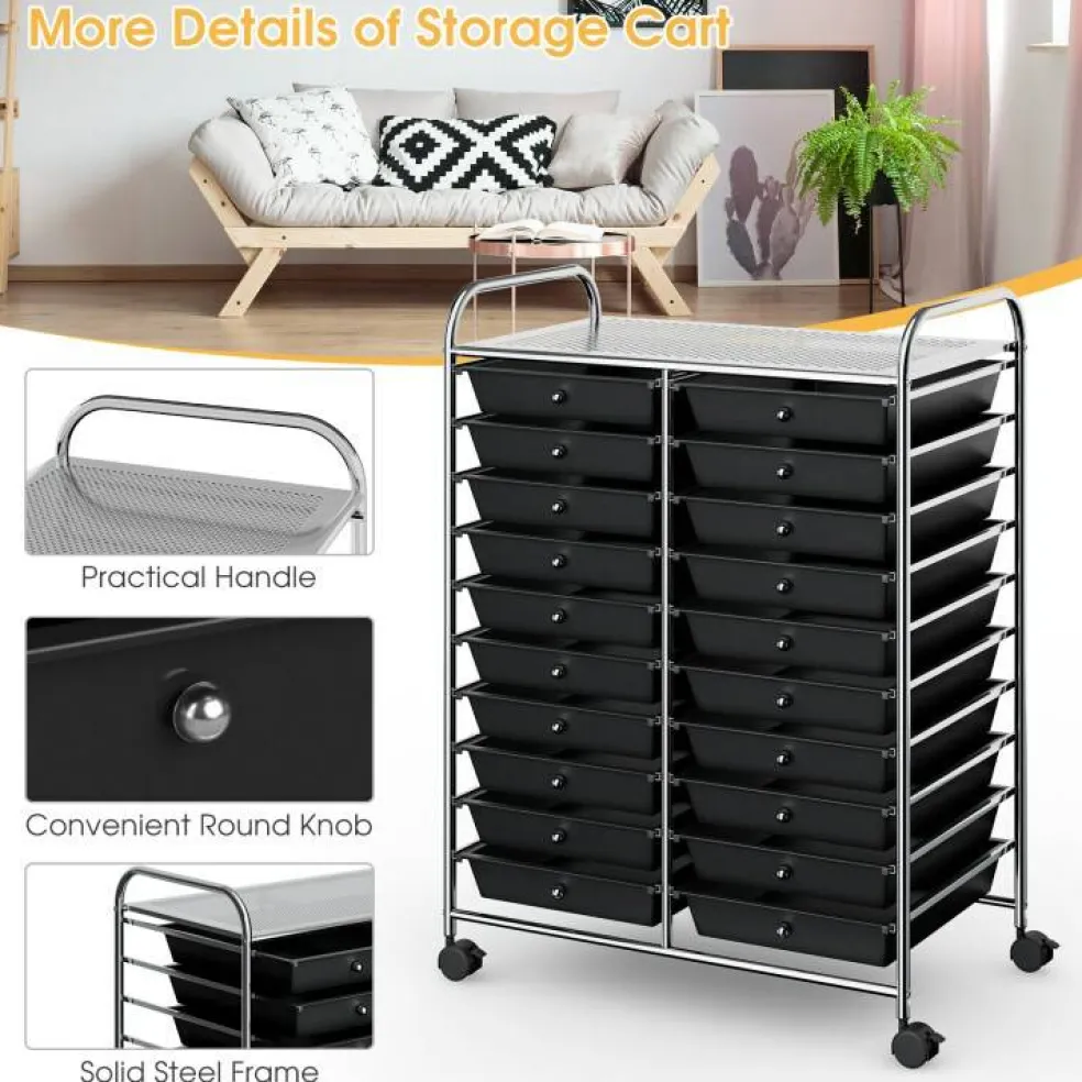 10-Tier Rolling Storage Cart with 20 Drawers, Mobile Organizer with Transparent Plastic Bins, Steel Frame, 4 Wheels