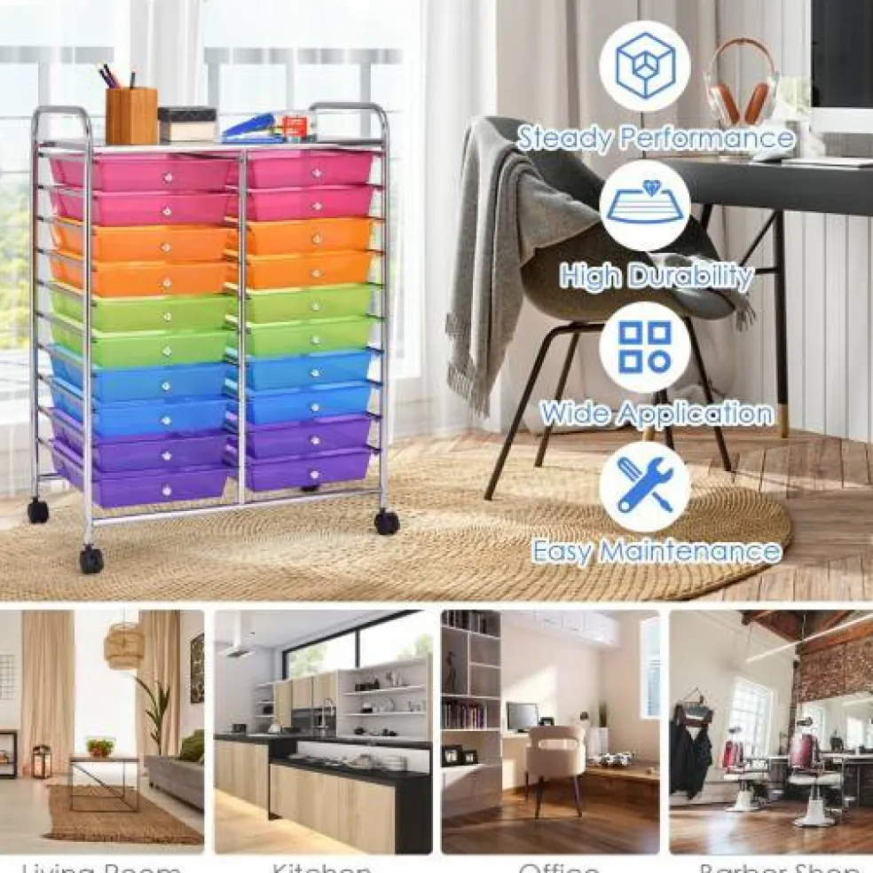 10-Tier Rolling Storage Cart with 20 Drawers, Mobile Organizer with Transparent Plastic Bins, Steel Frame, 4 Wheels
