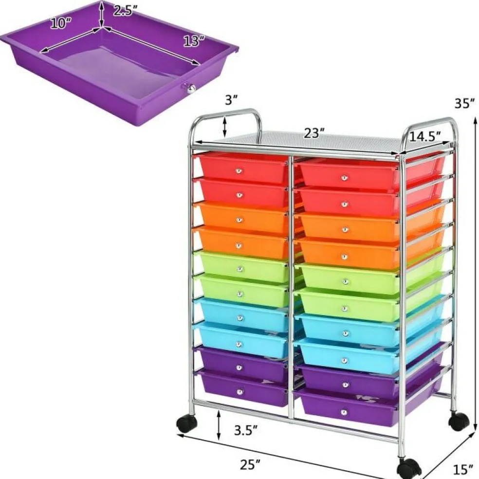 10-Tier Rolling Storage Cart with 20 Drawers, Mobile Organizer with Transparent Plastic Bins, Steel Frame, 4 Wheels