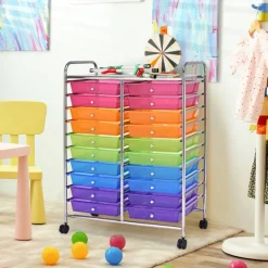 10-Tier Rolling Storage Cart with 20 Drawers, Mobile Organizer with Transparent Plastic Bins, Steel Frame, 4 Wheels
