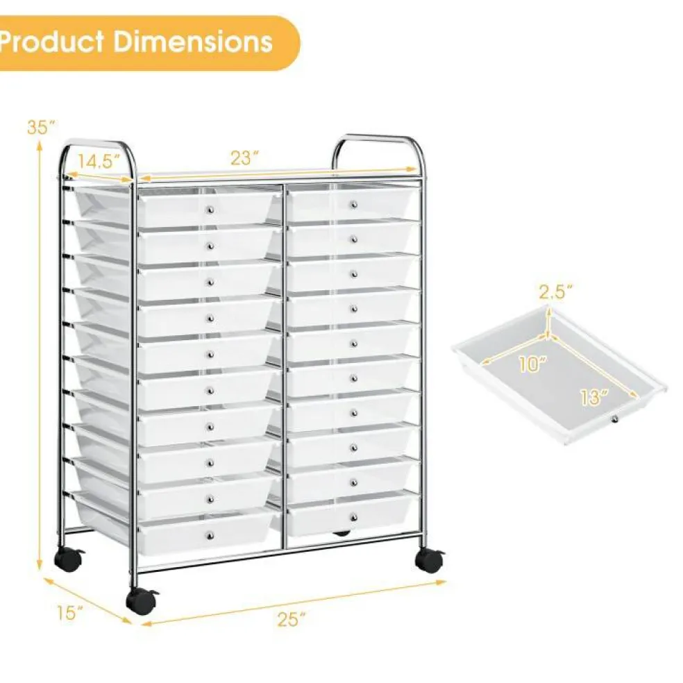 10-Tier Rolling Storage Cart with 20 Drawers, Mobile Organizer with Transparent Plastic Bins, Steel Frame, 4 Wheels