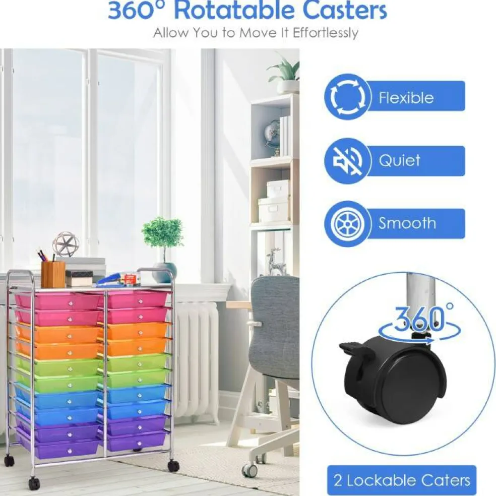 10-Tier Rolling Storage Cart with 20 Drawers, Mobile Organizer with Transparent Plastic Bins, Steel Frame, 4 Wheels