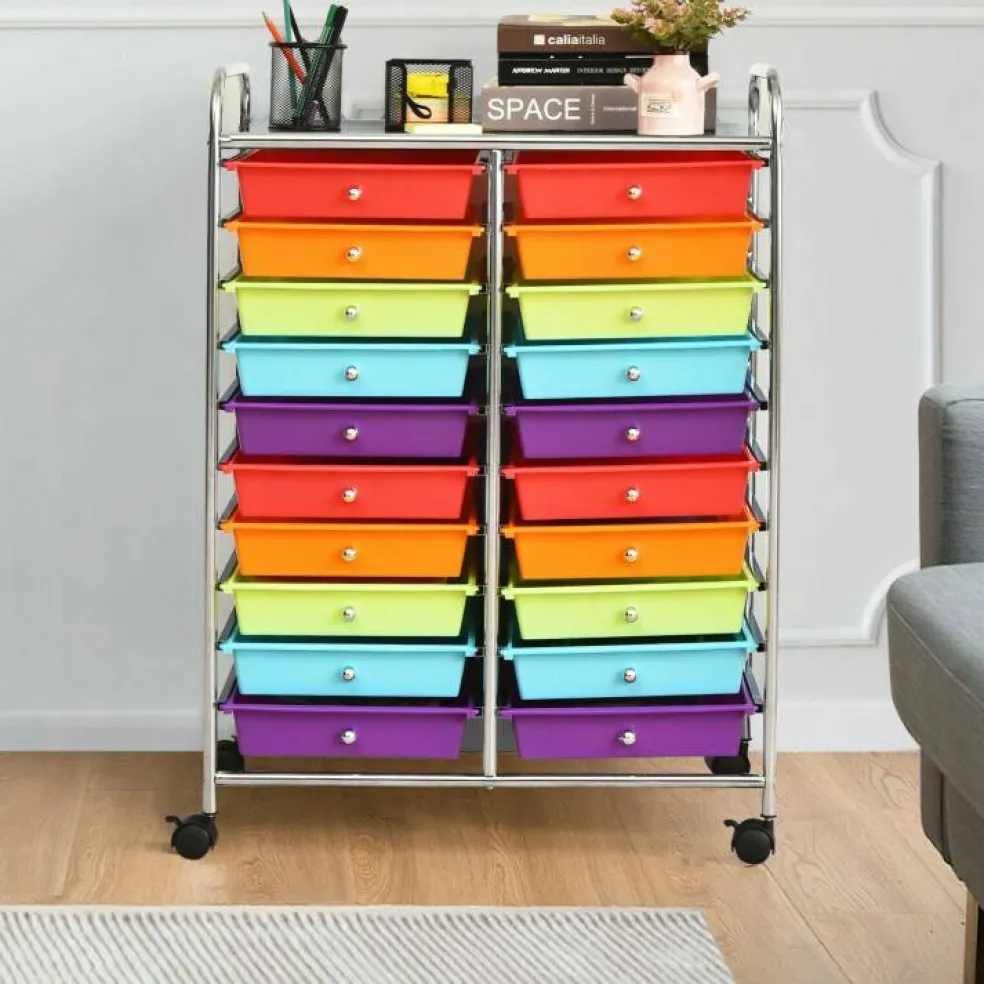 10-Tier Rolling Storage Cart with 20 Drawers, Mobile Organizer with Transparent Plastic Bins, Steel Frame, 4 Wheels