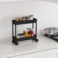 4 Tier Slim Storage Cart,Rolling Storage Cart,Narrow Shelf,Bathroom Rack,Mobile Shelving Unit Organizer for Kitchen, Bathroom, Laundry Room, Black