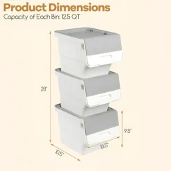 3-Tier Storage Bins with Lids, 12.5 QT Stackable Organizer Baskets with Wheels, Front Door, Ventilated Design, Rolling Storage Containers