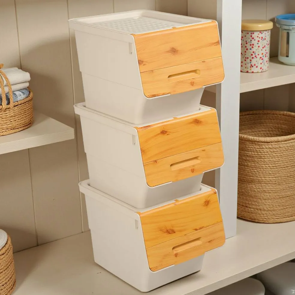 3-Tier Storage Bins with Lids, 12.5 QT Stackable Organizer Baskets with Wheels, Front Door, Ventilated Design, Rolling Storage Containers