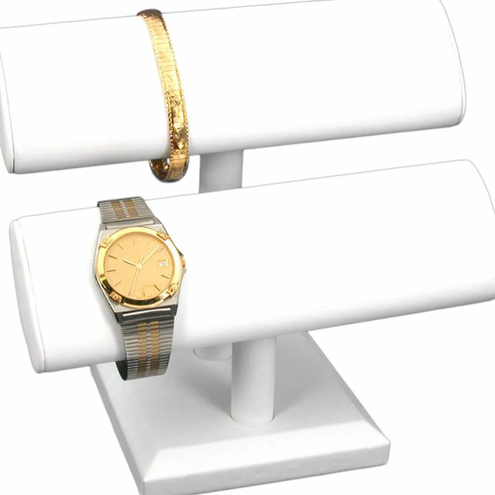 2 Tier White Leather Oval T-Bar Bracelet Watch Jewelry Display