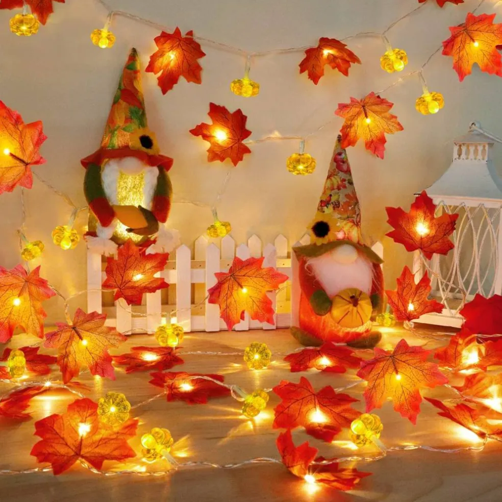 Timer - 2 Pack Fall Decor Fall Garland with Pumpkin Lights Battery Operated