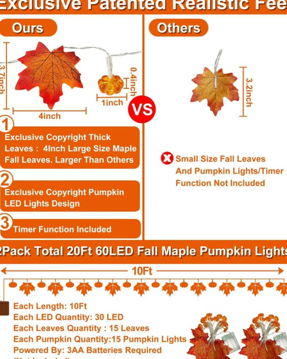 Timer - 2 Pack Fall Decor Fall Garland with Pumpkin Lights Battery Operated