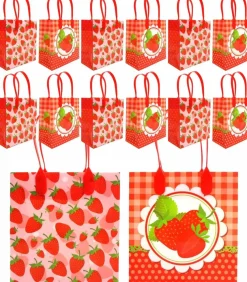 Tiny Mills Strawberry Party Favor Bags Treat Bags with Handles Candy Bags for Birthday Party ,12 Pack