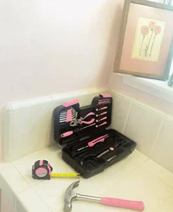Tools Original 39 Piece General Household Tool Set in Toolbox Storage Case with Essential Hand Tools for Everyday Home Repairs, DIY and Crafts - Pink Ribbon - Pink - DT9706P