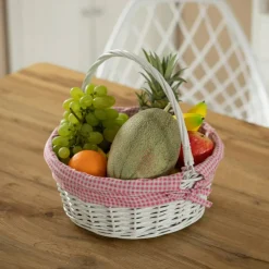 Traditional White Round Willow Gift Basket with Gingham Liner and Sturdy Foldable Handles, Food Snacks Storage Basket