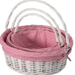 Traditional White Round Willow Gift Basket with Gingham Liner and Sturdy Foldable Handles, Food Snacks Storage Basket