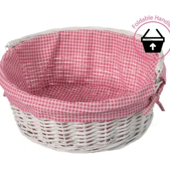 Traditional White Round Willow Gift Basket with Gingham Liner and Sturdy Foldable Handles, Food Snacks Storage Basket