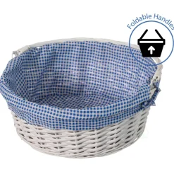 Traditional White Round Willow Gift Basket with Gingham Liner and Sturdy Foldable Handles, Food Snacks Storage Basket