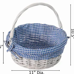 Traditional White Round Willow Gift Basket with Gingham Liner and Sturdy Foldable Handles, Food Snacks Storage Basket