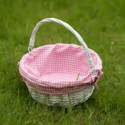Traditional White Round Willow Gift Basket with Gingham Liner and Sturdy Foldable Handles, Food Snacks Storage Basket