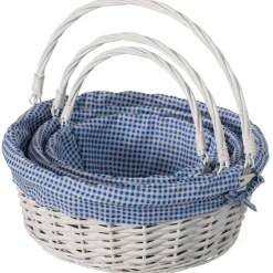 Traditional White Round Willow Gift Basket with Gingham Liner and Sturdy Foldable Handles, Food Snacks Storage Basket