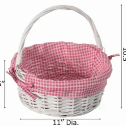 Traditional White Round Willow Gift Basket with Gingham Liner and Sturdy Foldable Handles, Food Snacks Storage Basket