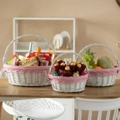 Traditional White Round Willow Gift Basket with Gingham Liner and Sturdy Foldable Handles, Food Snacks Storage Basket