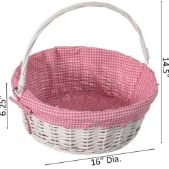 Traditional White Round Willow Gift Basket with Gingham Liner and Sturdy Foldable Handles, Food Snacks Storage Basket