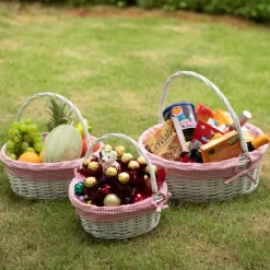 Traditional White Round Willow Gift Basket with Gingham Liner and Sturdy Foldable Handles, Food Snacks Storage Basket