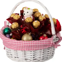 Traditional White Round Willow Gift Basket with Gingham Liner and Sturdy Foldable Handles, Food Snacks Storage Basket