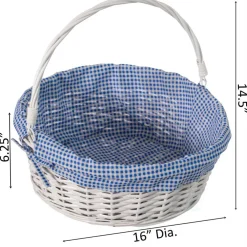 Traditional White Round Willow Gift Basket with Gingham Liner and Sturdy Foldable Handles, Food Snacks Storage Basket