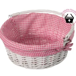 Traditional White Round Willow Gift Basket with Gingham Liner and Sturdy Foldable Handles, Food Snacks Storage Basket