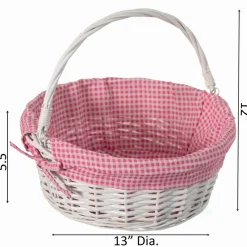 Traditional White Round Willow Gift Basket with Gingham Liner and Sturdy Foldable Handles, Food Snacks Storage Basket