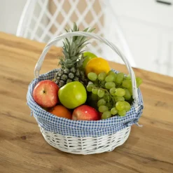 Traditional White Round Willow Gift Basket with Gingham Liner and Sturdy Foldable Handles, Food Snacks Storage Basket