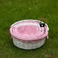 Traditional White Round Willow Gift Basket with Gingham Liner and Sturdy Foldable Handles, Food Snacks Storage Basket