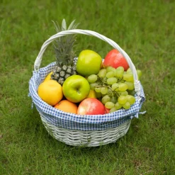 Traditional White Round Willow Gift Basket with Gingham Liner and Sturdy Foldable Handles, Food Snacks Storage Basket