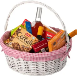 Traditional White Round Willow Gift Basket with Gingham Liner and Sturdy Foldable Handles, Food Snacks Storage Basket