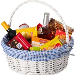 Traditional White Round Willow Gift Basket with Gingham Liner and Sturdy Foldable Handles, Food Snacks Storage Basket