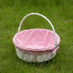 Traditional White Round Willow Gift Basket with Gingham Liner and Sturdy Foldable Handles, Food Snacks Storage Basket