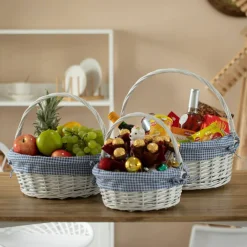 Traditional White Round Willow Gift Basket with Gingham Liner and Sturdy Foldable Handles, Food Snacks Storage Basket