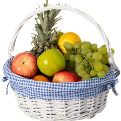 Traditional White Round Willow Gift Basket with Gingham Liner and Sturdy Foldable Handles, Food Snacks Storage Basket