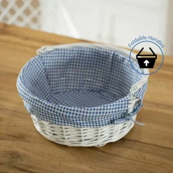 Traditional White Round Willow Gift Basket with Gingham Liner and Sturdy Foldable Handles, Food Snacks Storage Basket