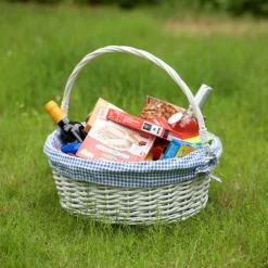 Traditional White Round Willow Gift Basket with Gingham Liner and Sturdy Foldable Handles, Food Snacks Storage Basket