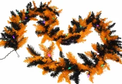 Tree Buddees Halloween Garland with Lights 9 Foot Long Black and Orange Pre-lit LED Mantle Decoration