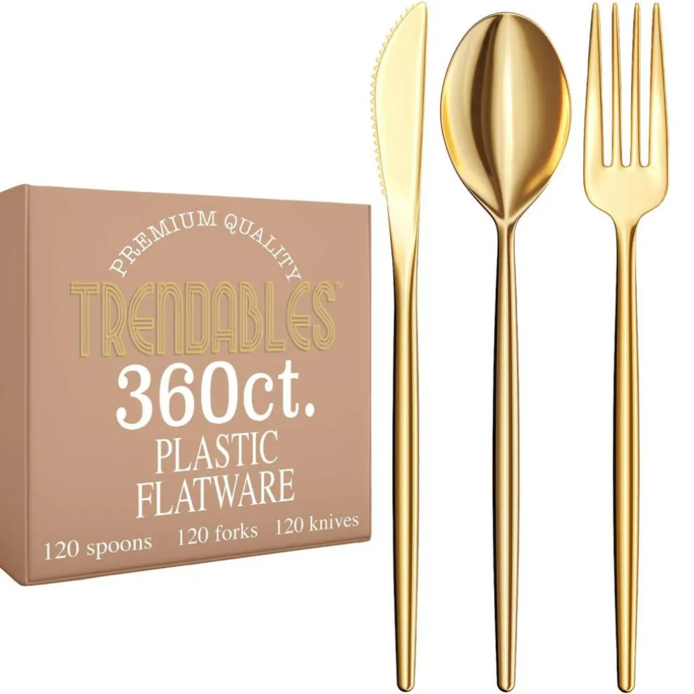 Trendables Disposable Silverware Set - Wedding Plastic Cutlery Dinnerware - Includes modern Forks, Plastic Spoons, disposable Knives - reflective Plastic Utensils Party Set