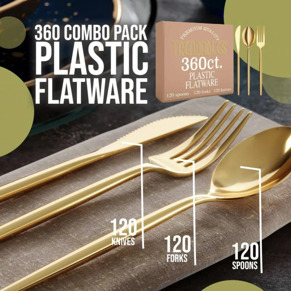 Trendables Disposable Silverware Set - Wedding Plastic Cutlery Dinnerware - Includes modern Forks, Plastic Spoons, disposable Knives - reflective Plastic Utensils Party Set