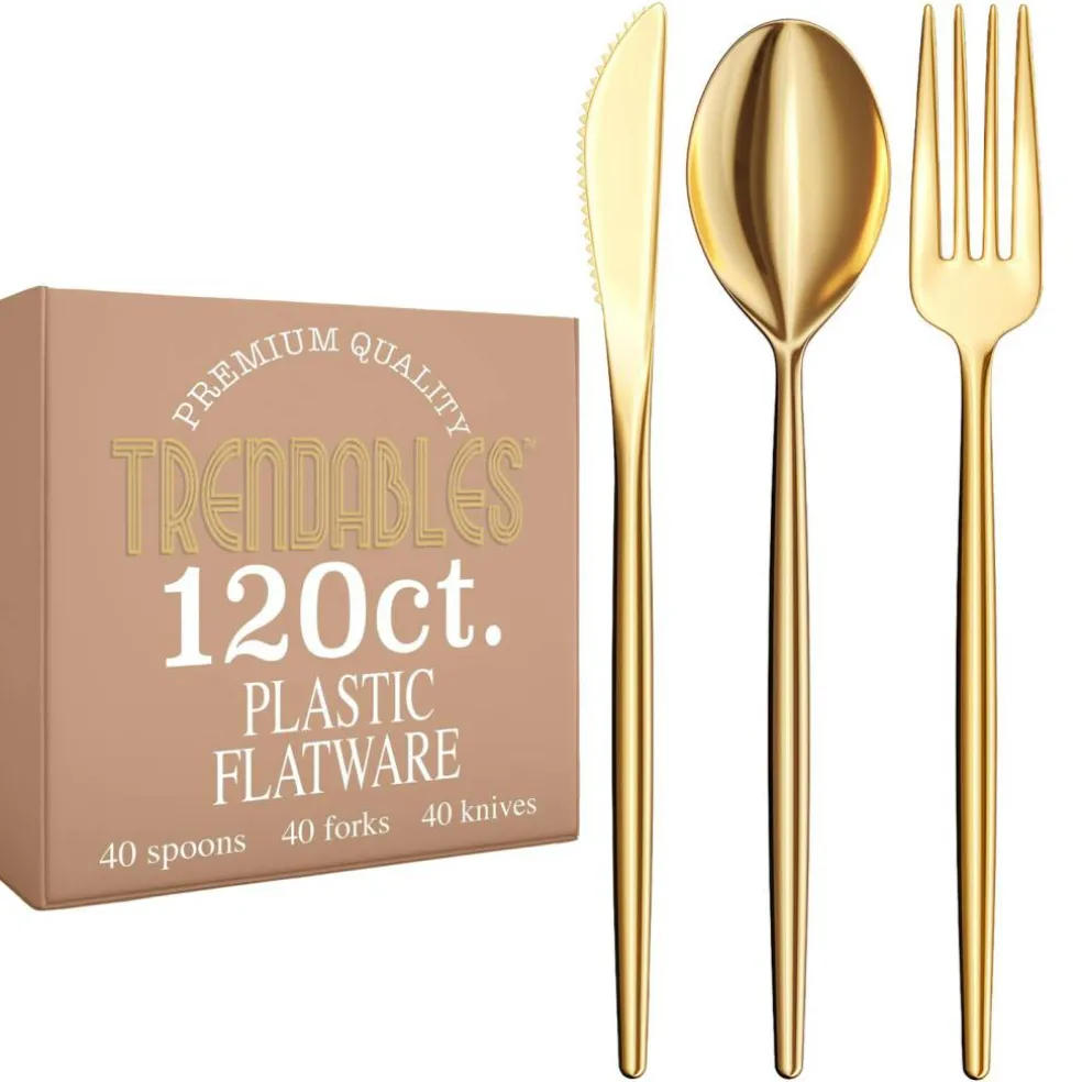 Trendables Disposable Silverware Set - Wedding Plastic Cutlery Dinnerware - Includes modern Forks, Plastic Spoons, disposable Knives - reflective Plastic Utensils Party Set