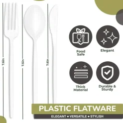 Trendables Disposable Silverware Set - Wedding Plastic Cutlery Dinnerware - Includes modern Forks, Plastic Spoons, disposable Knives - reflective Plastic Utensils Party Set