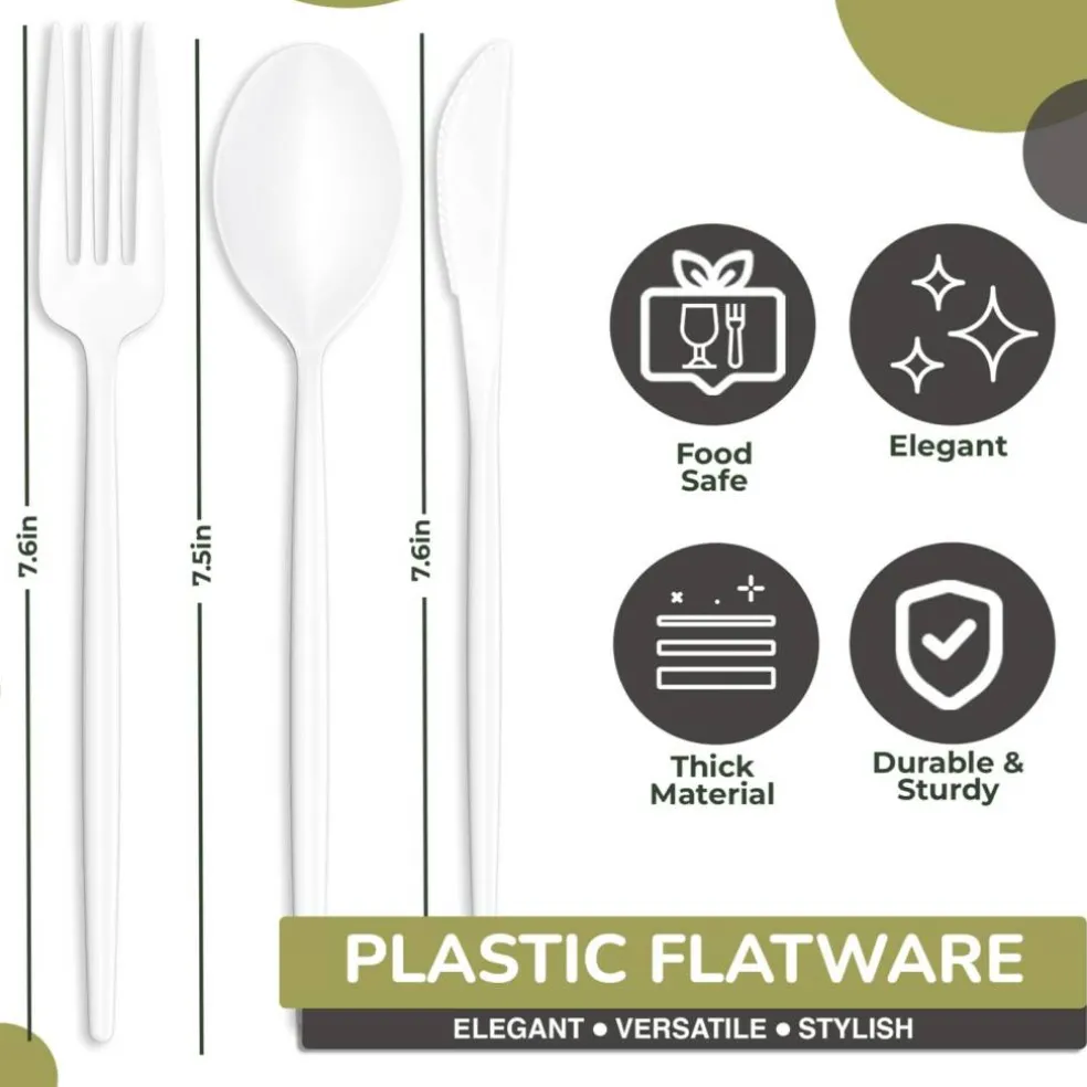Trendables Disposable Silverware Set - Wedding Plastic Cutlery Dinnerware - Includes modern Forks, Plastic Spoons, disposable Knives - reflective Plastic Utensils Party Set