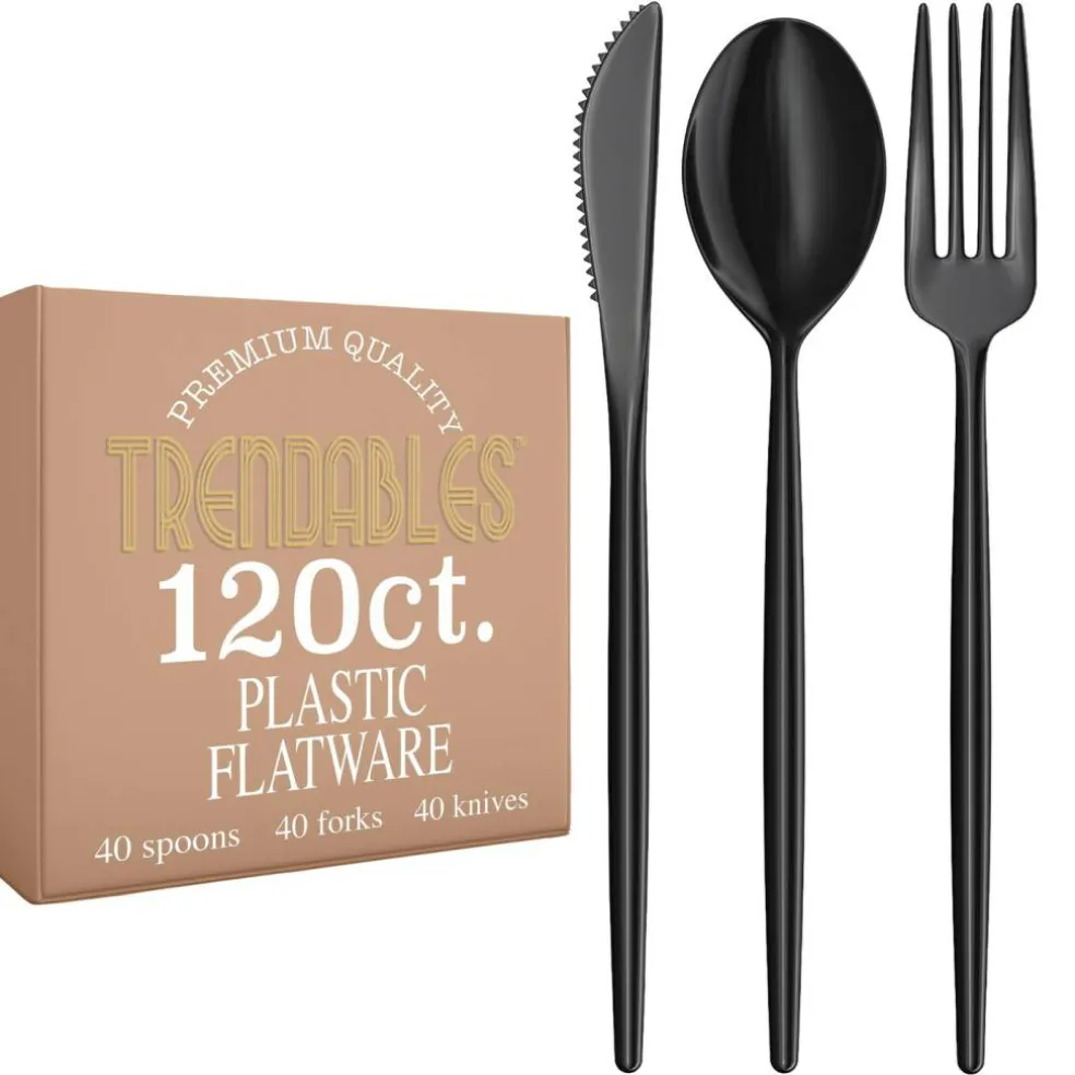 Trendables Disposable Silverware Set - Wedding Plastic Cutlery Dinnerware - Includes modern Forks, Plastic Spoons, disposable Knives - reflective Plastic Utensils Party Set