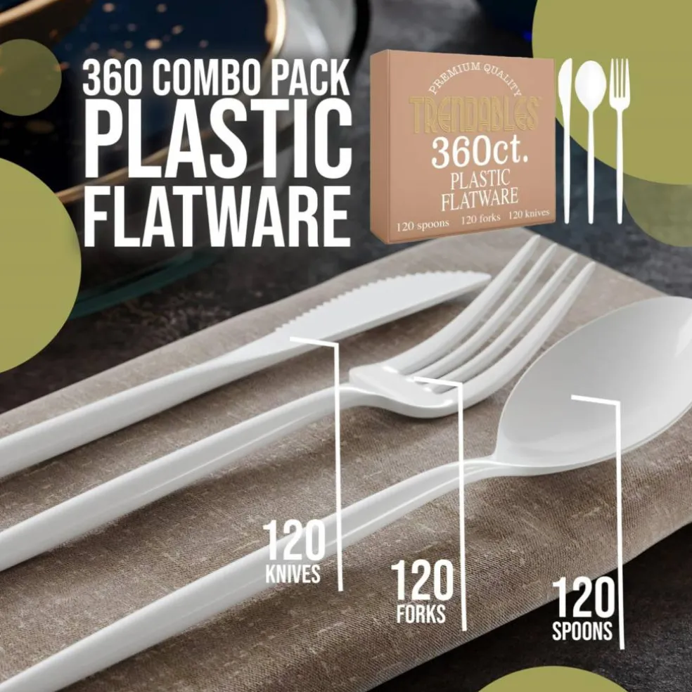 Trendables Disposable Silverware Set - Wedding Plastic Cutlery Dinnerware - Includes modern Forks, Plastic Spoons, disposable Knives - reflective Plastic Utensils Party Set